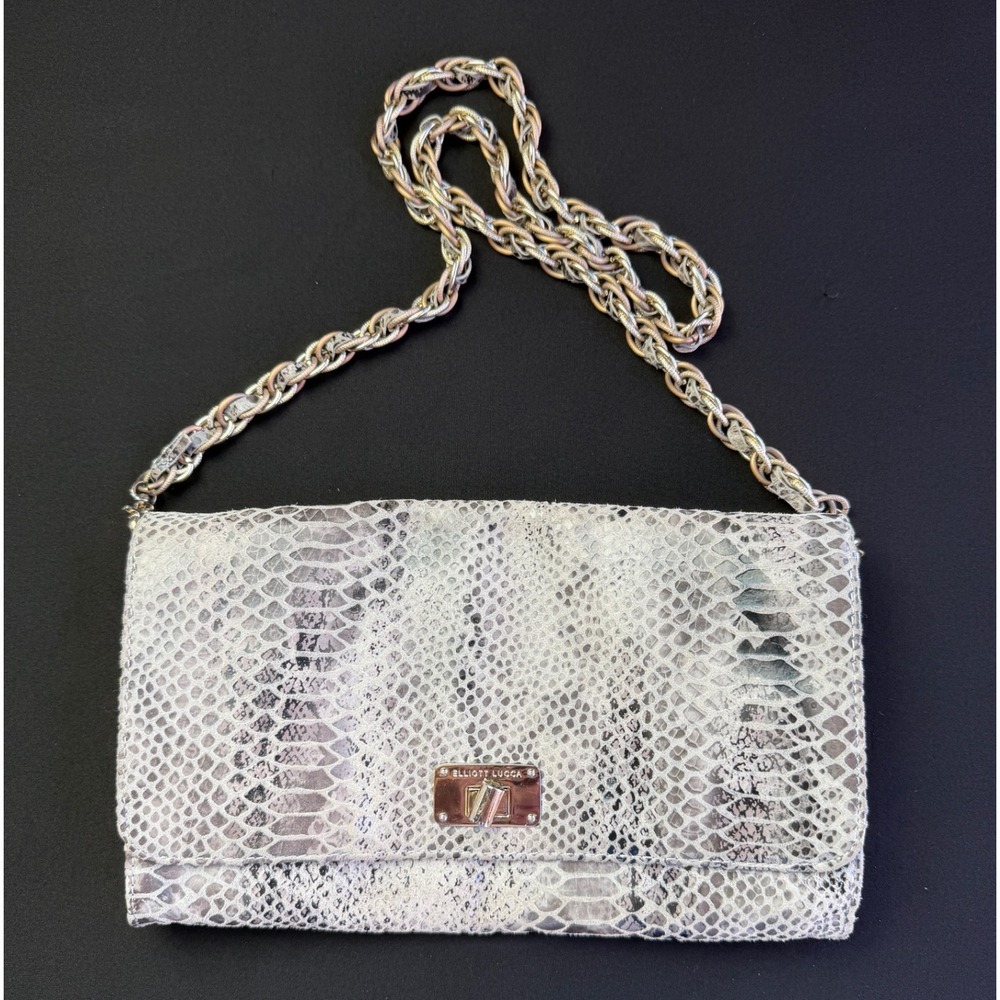 Elliott Lucca Grey Snake Embossed Leather Chain Crossbody Bag Clutch Animal